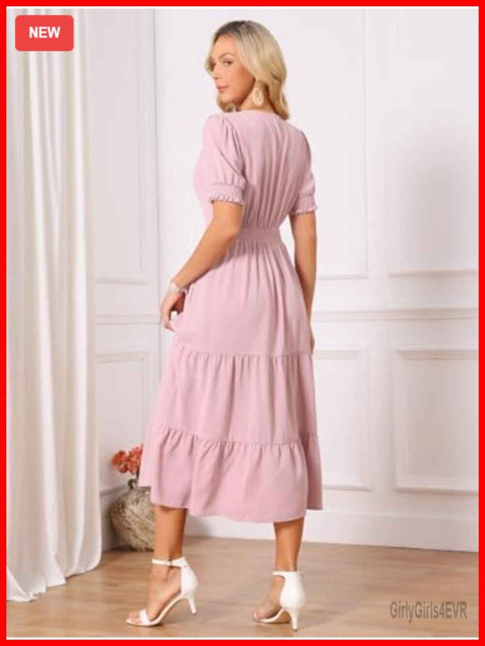 Women's V-Neck Smocked Short Sleeve Tiered Midi Dress with Pockets - Picture 6 of 7